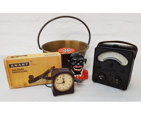 MIXED LOT OF COLLECTABLES including a brass preserve pan, a boxed Anant plane, a retro money bank, a box of marbles, a Paris 