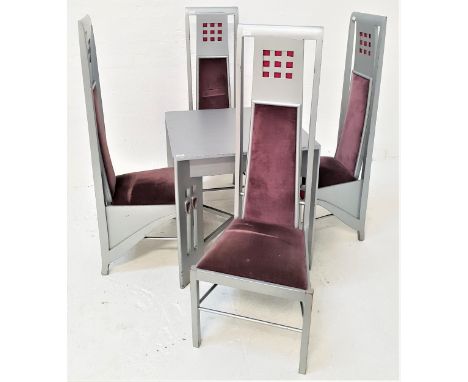 CHARLES RENNIE MACKINTOSH STYLE TABLE AND CHAIRSthe table with a square top, standing on pierced supports with carved heart m