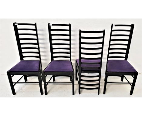 FOUR CHARLES RENNIE MACKINTOSH STYLE DINING CHAIRSwith ladder backs and velvet lilac drop in seats, standing on plain support