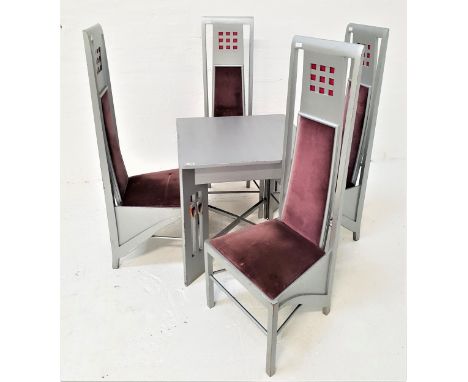 CHARLES RENNIE MACKINTOSH STYLE TABLE AND CHAIRSthe table with a square top, standing on pierced supports with carved heart m