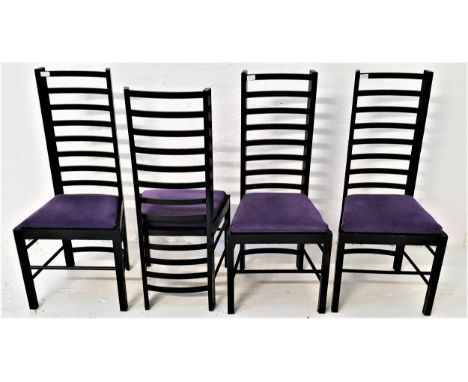 FOUR CHARLES RENNIE MACKINTOSH STYLE DINING CHAIRSwith ladder backs and velvet lilac drop in seats, standing on plain support