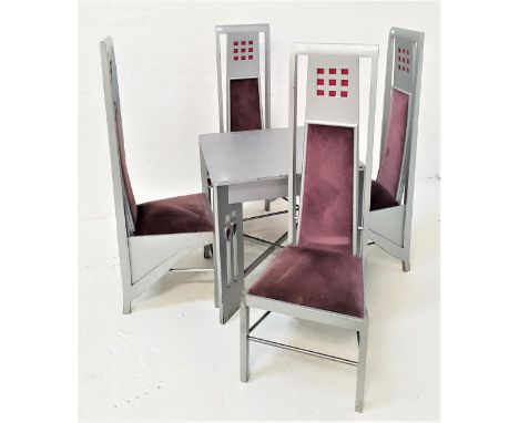 CHARLES RENNIE MACKINTOSH STYLE TABLE AND CHAIRSthe table with a square top, standing on pierced supports with carved heart m