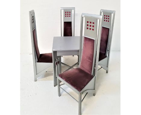 CHARLES RENNIE MACKINTOSH STYLE TABLE AND CHAIRSthe table with a square top, standing on pierced supports with carved heart m
