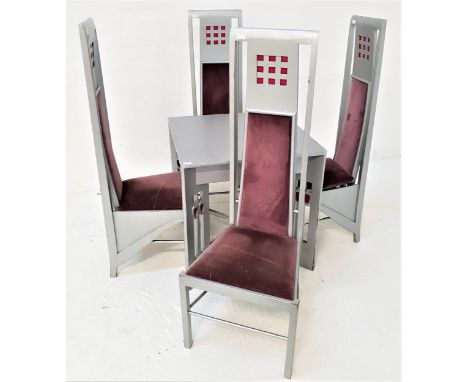 CHARLES RENNIE MACKINTOSH STYLE TABLE AND CHAIRSthe table with a square top, standing on pierced supports with carved heart m