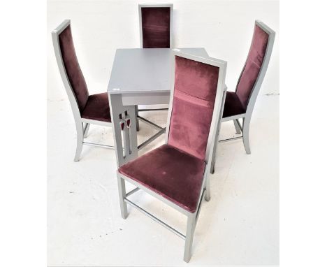 CHARLES RENNIE MACKINTOSH STYLE TABLE AND CHAIRSthe table with a square top, standing on pierced supports with carved heart m