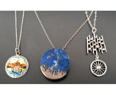 THREE SILVER PENDANTS ON CHAINScomprising a Danish silver mounted circular Lapis Lazuli pendant by Arne Johansen; a Norwegian