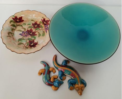 ROYAL DOULTON CENTRE BOWLwith a wavy rim and decorated in the Magnella pattern, 30cm diameter; two South African salamander w