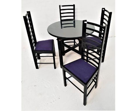 CHARLES RENNIE MACKINTOSH STYLE TABLE AND CHAIRSthe circular table top standing on plain supports with a two tier double stre