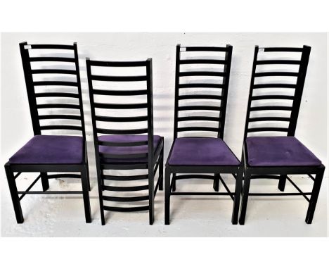FOUR CHARLES RENNIE MACKINTOSH STYLE DINING CHAIRSwith ladder backs and velvet lilac drop in seats, standing on plain support