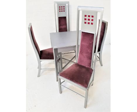 CHARLES RENNIE MACKINTOSH STYLE TABLE AND CHAIRSthe table with a square top, standing on pierced supports with carved heart m