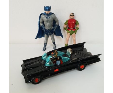 CORGI BATMOBILE DIE CAST VEHICLEwith Batman and Robin figures; together with two plastic character figures of Batman, 9cm hig
