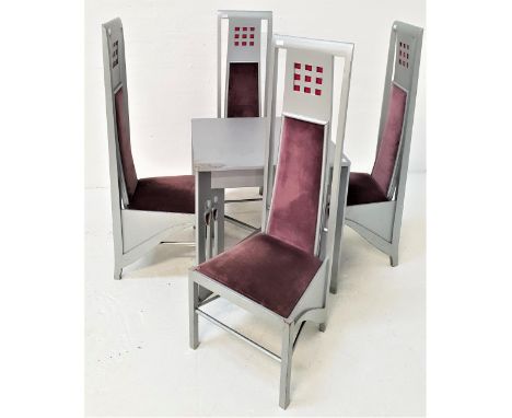 CHARLES RENNIE MACKINTOSH STYLE TABLE AND CHAIRSthe table with a square top, standing on pierced supports with carved heart m