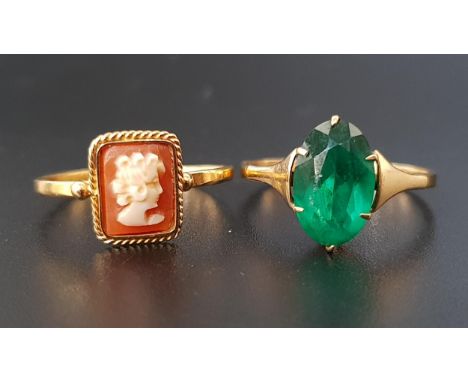 TWO NINE CARAT GOLD RINGSone set with a small cameo and the other with faceted green glass, ring sizes N and O-P respectively