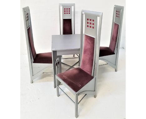 CHARLES RENNIE MACKINTOSH STYLE TABLE AND CHAIRSthe table with a square top, standing on pierced supports with carved heart m
