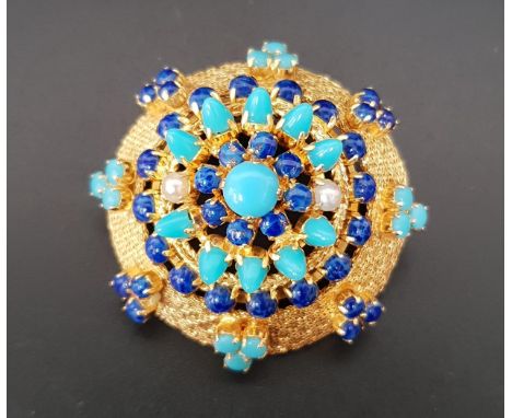 CHRISTIAN DIOR PEARL AND GLASS SET BROOCHthe glass simulating turquoise and lapis lazuli, the conical shaped gilt brooch appr
