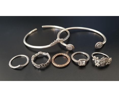 SELECTION OF PANDORA JEWELLERYcomprising two Pandora bangles - Signature Logo open bangle and Tiara Wishbone open bangle; tog