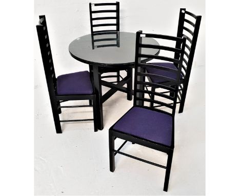 CHARLES RENNIE MACKINTOSH STYLE TABLE AND CHAIRSthe circular table top standing on plain supports with a two tier double stre