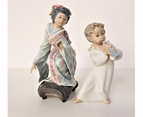 LLADRO PORCELAIN FIGURINEdepicting a Geisha in traditional dress, 19.5cm high and a Lladro figurine of a cherub playing a flu