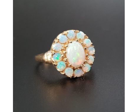 OPAL CLUSTER RINGthe central oval cabochon opal in twelve opal surround, on nine carat gold shank, ring size N-O 