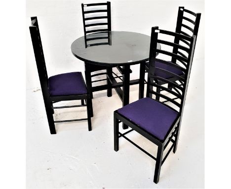 CHARLES RENNIE MACKINTOSH STYLE TABLE AND CHAIRSthe circular table top standing on plain supports with a two tier double stre