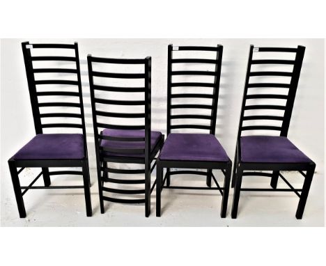FOUR CHARLES RENNIE MACKINTOSH STYLE DINING CHAIRSwith ladder backs and velvet lilac drop in seats, standing on plain support
