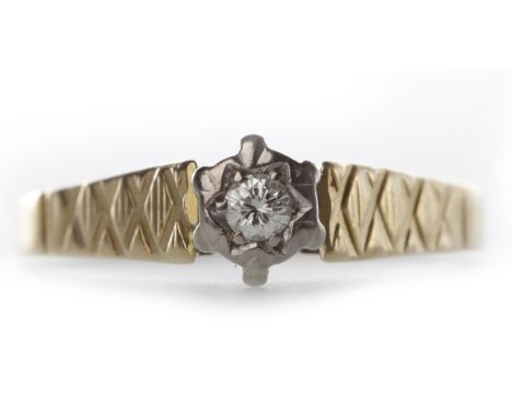 DIAMOND SOLITAIRE RINGthe round brilliant cut diamond of approximately 0.05 carats, in eighteen carat gold, size K, 2.8g