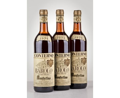 Barolo Monfortino Riserva 1974, Giacomo Conterno Langhe SF 97/100 Spalla alta, etichette lievemente sporche, depositi. Cantin