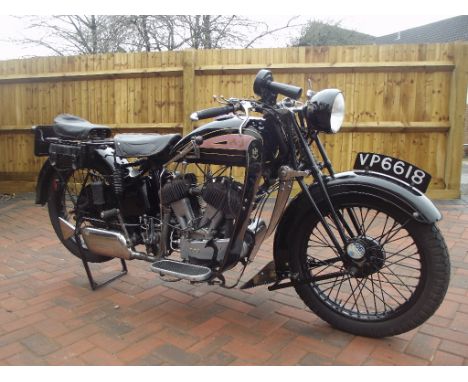 A 1929 AJS M1 De-Luxe 996cc V-twin, registration number VP 6618, frame number 61217, engine number 61217, black/pink. In sing