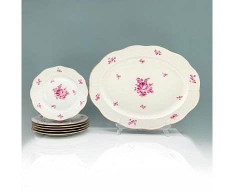 A set of 6 dining plates and 1 serving tray painted with raspberry-colored floral designs. Herend backstamp. Dimensions of th