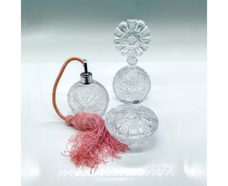 Brilliant cut crystal perfume bottle with stopper and Bohemian label. Also included are matching lidded bowl and perfume atom