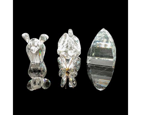 Includes clear faceted elephant 1.5"L x 2.25"W x 2"H, butterfly 1.25"L x 1.25"W x 1.25"H, pyramid paperweight 1.5"L x 1.5"W x
