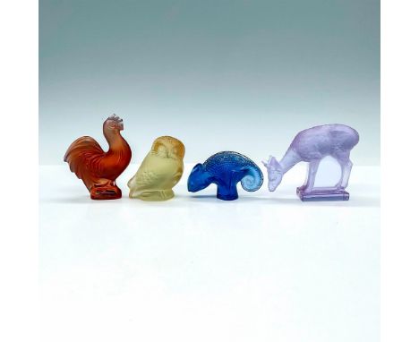 Set of four adorable and realistic animals in frosted colored crystal including light blue deer, amber owl, blue chameleon, a