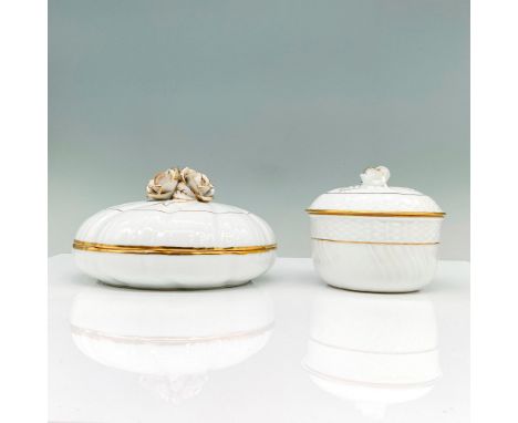 White lidded sugar and serving bowls decorated with finial roses on lids and gold trim throughout. Herend backstamp. Dimensio