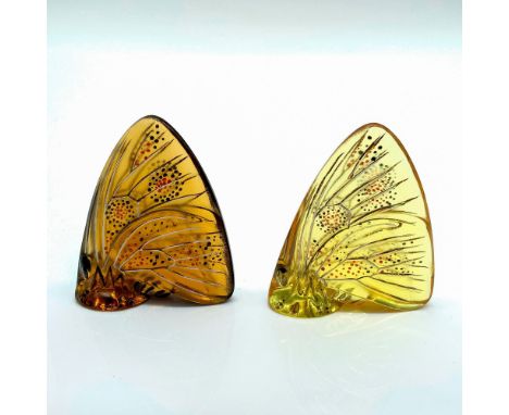 Yellow and amber tone butterflies with embossed enamel designs on the wings. Lalique signature etched on the bases. Dimension