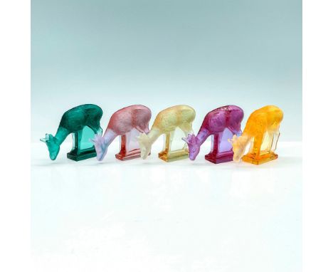 Set of five adorable and realistic deer in frosted colored crystal including light green, yellow, violet, turquoise all signe