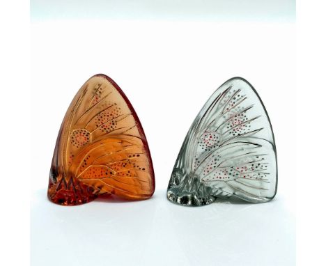 Smokey grey and amber tone butterflies with embossed enamel designs on the wings. Lalique signature etched on the bases. Dime