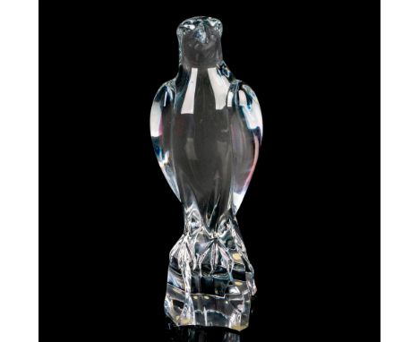 A large, clear figure of a bird perched on a rocky base. Baccarat marked. This item has its original box: 13.25"L x 7.25"W x 