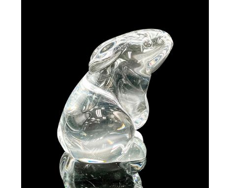 A small, clear figure of a bunny sitting up. Baccarat backstamp. This item has its original box: 5.75"L x 4.25"W x 3.5"H. Dim