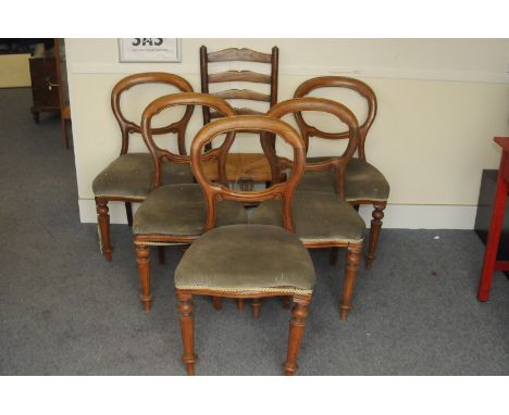 A set of five Victorian mahogany balloon back dining chairs, most damaged, with stuff over upholstered seats, together with a