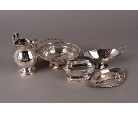 A modern silver dish and a collection of silver plated items, including a navette shaped small silver tray, a silver plated s