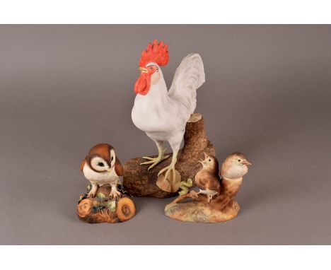 A Royal Crown Derby ceramic figure of a Cockrel, together with a Royal Crown Derby porcelain figure of Two Thrushes, plus a b