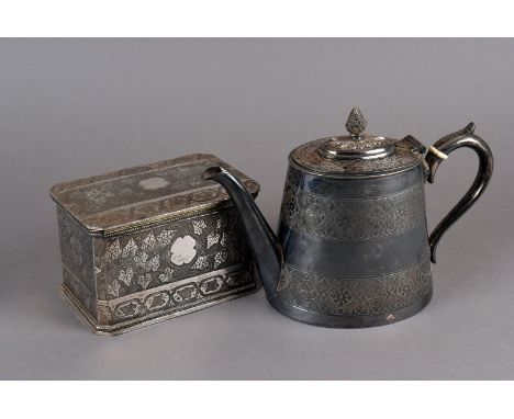 A collection of silver plated items, including a teapot, a tea caddy, along with flatware and cutlery (parcel) 