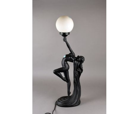 A Deco desk lamp, in brass with adjustable stem together with a reproduction Art Noveau table in the form of a nude with flow