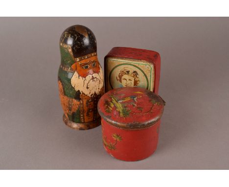 A graduated pair of leather effect studded iron bowls, together with an Alfonse Mucha tin plate, The Princess Money Box, a re