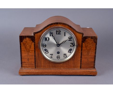 A Art Deco Walnut mantle clock, with 8 day movement slivered dial Arabic numerals, pendulum and key together with a modern Ar