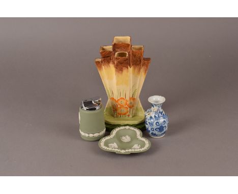 A Coulport figure " Bride of the year 93",  Champagne reception, together with an Myott Art Deco vase , Doulton Lambeth Jug, 