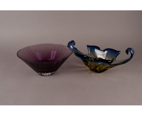 A collection of studio glass, including a Hutschenreuthen amethyst glass bowl, an amber moulded glass square planter, a vodka