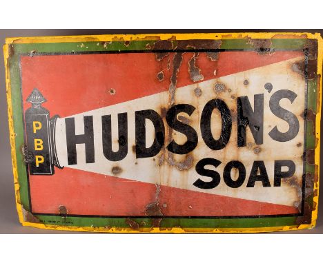 A Hudsons Soap enamel sign, with PBP lamp design on red and white background, some enamel missing, rust areas and retouching 