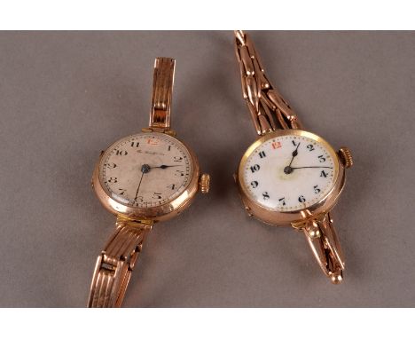 Two vintage 9ct gold trench style ladies wristwatches, both on expanding 9ct gold straps, AF, approx 44.5g (2) 