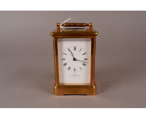 A Dent carriage clock, of 61 Strand - London, with white enamel Roman dial 14 cm H, complete with purple velvet lined brown l